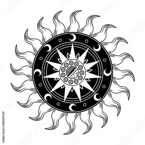 A filled style illustration of alchemy wheel symbol
