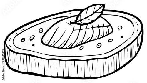 Outline Illustration of Toasted Bread with Avocado and a Leaf Garnishment for Coloring Book or Food Illustration Themes