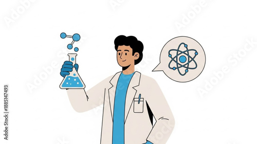 Scientist holding a flask with chemical reaction and atom symbol.