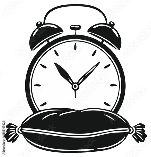 Retro alarm clock on a pillow monochrome illustration