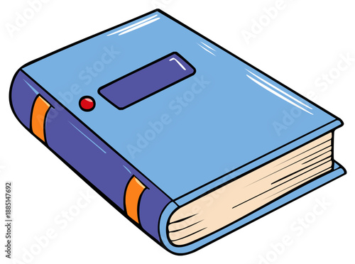 Simple cartoon illustration of a closed blue hardcover book with a blank title plate