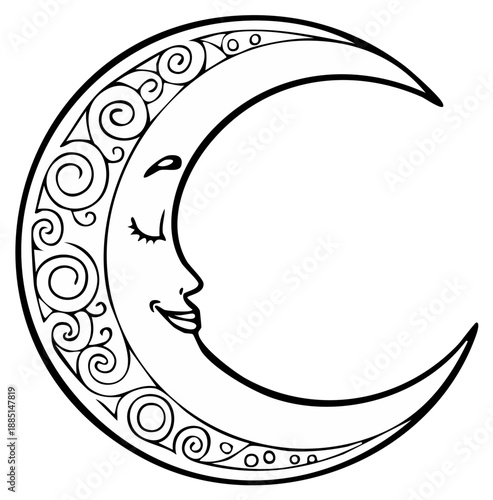 Whimsical Crescent Moon with Face and Decorative Swirls Symbolizing Night and Dreams