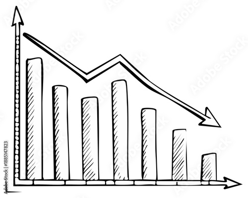 Declining bar chart with arrow line drawn by hand isolated on white showing financial loss or business recession
