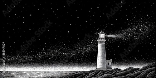 a black and white engraving of a lighthouse at night, with a sky full of stars