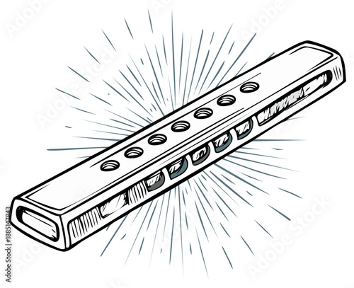 Hand-Drawn Blues Harmonica Icon with Comic Book Radial Burst Design
