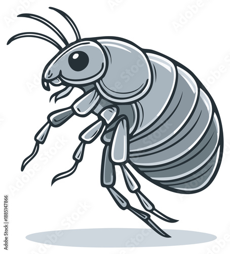 Detailed illustration of a stylized flea insect showing its segmented body and antennae