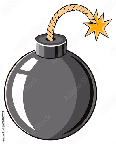 Retro round bomb with lit fuse and starburst explosion effect, isolated graphic
