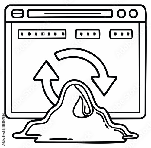 Digital refresh icon symbol melting on browser window interface illustration
