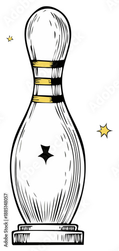 Retro hand drawn bowling pin illustration with star and yellow stripes