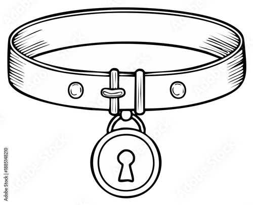 Leather Collar and Padlock Line Art - Restriction, Security, Protection