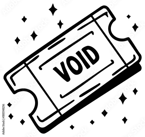 Sparkling voided event ticket in a simple black and white cartoon doodle graphic style