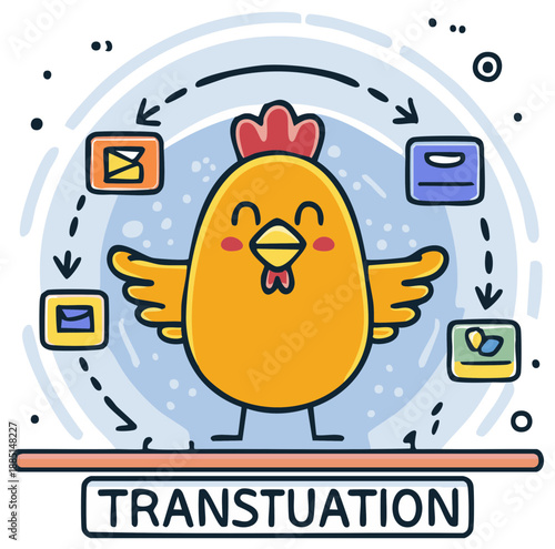 Cartoon chicken mascot illustrating a business workflow or data transformation cycle