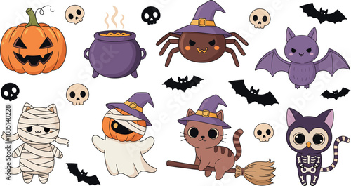 Cute Halloween vector illustration set with pumpkin witch cat ghost bat spider and spooky characters on white background