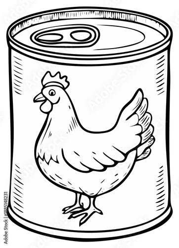 Black and white illustration of canned chicken, food concept.
