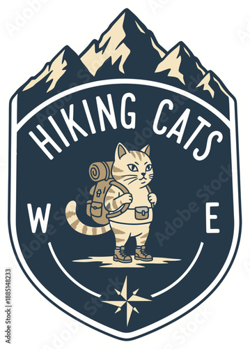 Cartoon cat hiking emblem with mountains and compass directions.
