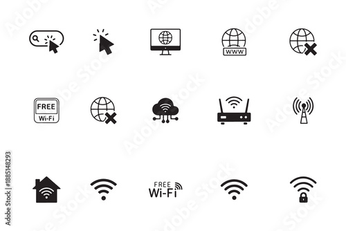 This image displays a collection of 15 minimalist black and white icons representing various aspects of internet connectivity and networking. The icons include a Wi-Fi router, different signal 