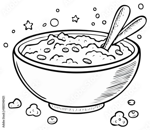 Sketch illustration of a bowl filled with yummy porridge with stars and sprinkles around it