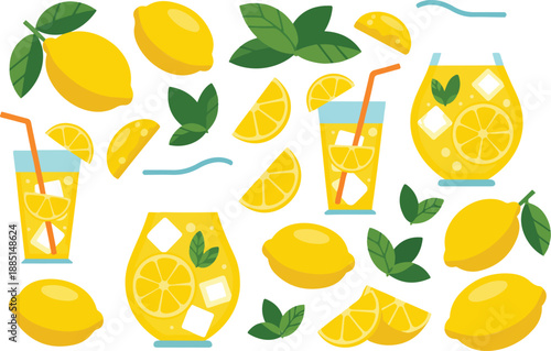 A refreshing vector collection of yellow lemons, slices, leaves, pitchers, and glasses filled with iced lemonade and mint, symbolizing summer, healthy drinks, and fresh citrus concepts