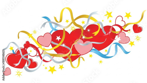 Festive heart shapes with swirling ribbons and stars a celebratory design element for Valentines Day or wedding invitations isolated on white