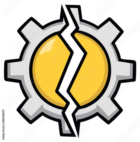 Cartoon gear breaks with lightning bolt style fracture, failure concept, malfunction