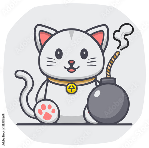 Cute cartoon lucky cat with a cartoon bomb