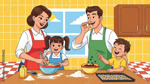 Happy family baking cookies together in a bright kitchen illustration for childhood home cooking and culinary concepts