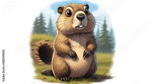 Cute groundhog standing in grassy field near burrow cartoon illustration for spring or Groundhog Day concept isolated on white