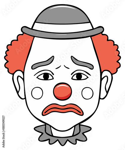 Sad clown face with makeup and hat. Vector illustration of a clown feeling unhappy.