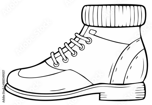 Line art drawing of a sturdy winter boot with laces and a ribbed cuff for cold weather footwear