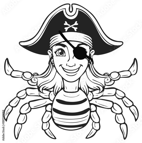 Cartoon pirate woman with spider legs wearing a hat and eye patch smiling cheerful