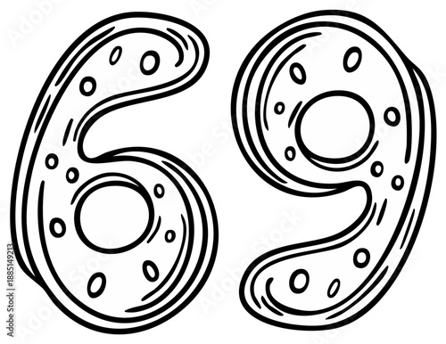 Playful number sixty nine drawing in whimsical doodle style black and white