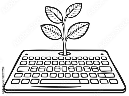 Plant growing from keyboard: digital growth, technology, innovation concept art
