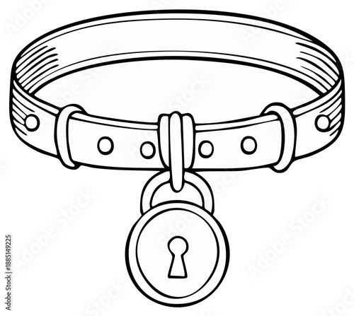 Hand drawn illustration of a leather collar with a padlock hanging from the ring attachment symbolic of BDSM practices