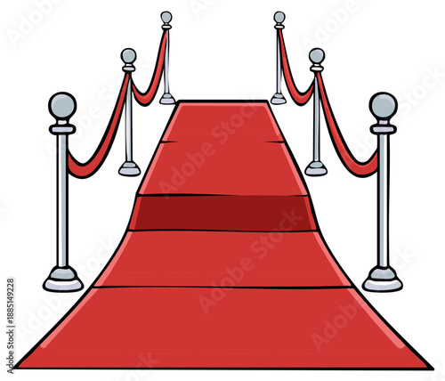 Cartoon style red carpet between barrier ropes and posts for special events
