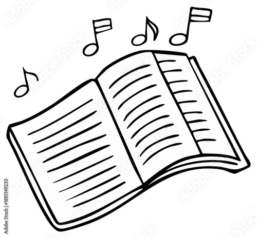 Open music book with floating musical notes illustration