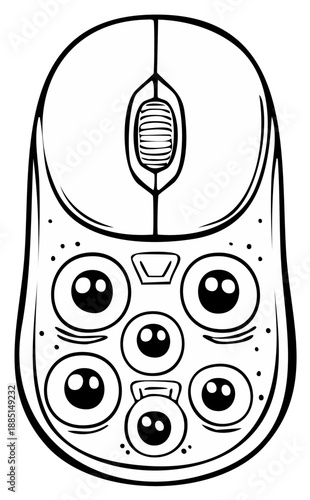 Whimsical Computer Mouse Character with Googly Eyes, Line Art Illustration Style