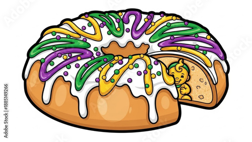 Mardi Gras King Cake with a hidden baby traditional festive pastry decorated with purple green and gold icing and sprinkles isolated on white