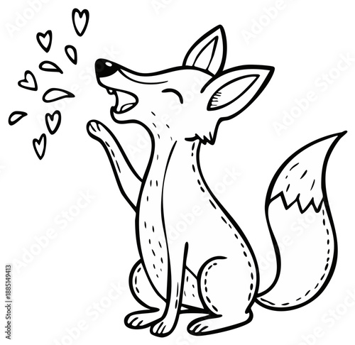 Cute cartoon fox singing or howling with hearts floating in the air
