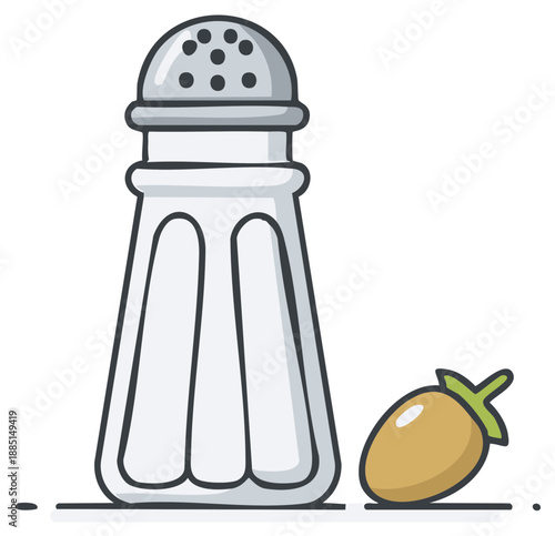 Cartoon illustration of a salt shaker next to a chili pepper, representing spices and seasoning for food.