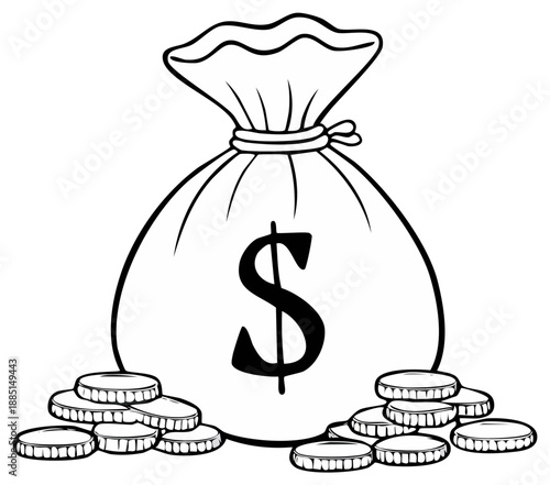 Money Bag Outline with Coins Pile Black and White Simple Illustration Concept