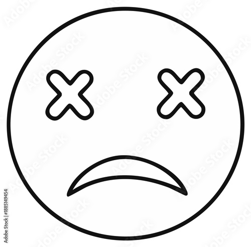 Sad face emoji with x eyes, simple black line illustration, feeling down