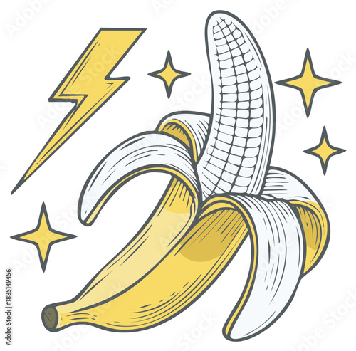 Peeled Banana with Lightning Bolt and Stars Hand Drawn Illustration