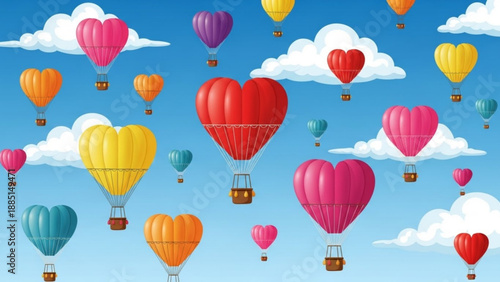 Colorful heart shaped hot air balloons floating in the sky with clouds romantic travel and adventure concept illustration