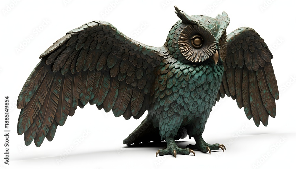 Fototapeta premium Copper owl sculpture with oxidized patina and aged texture, ideal for fantasy decor and symbolic art