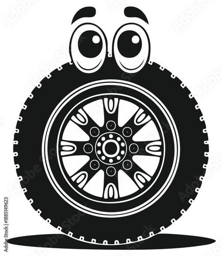 Whimsical Cartoon Car Wheel with Big Eyes and a Friendly Smile Illustration