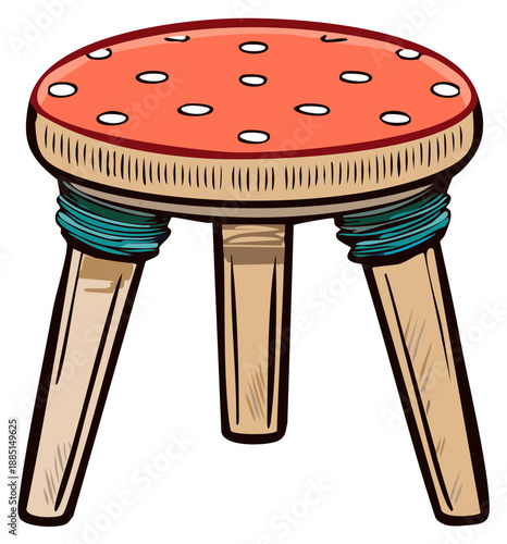Whimsical Mushroom Stool Illustration with Red Top and Wooden Legs for Fantasy Decor