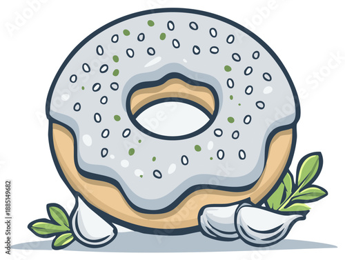 Cartoon donut with savory topping, garlic cloves, and greenery, illustrated design