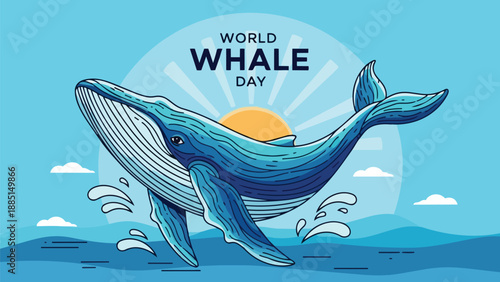 Cartoon whale breaching with splash, sunset, clouds, blue ocean, World Whale Day vector design