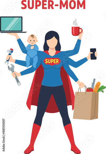 Super mom multitasking illustration: woman juggling work, baby, household chores, busy motherhood