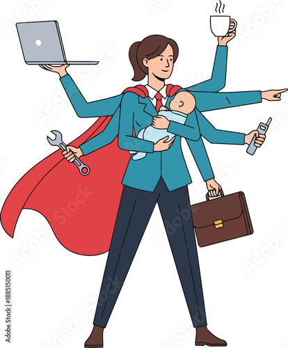 Superwoman multitasking mother balancing work life, career, and family responsibilities